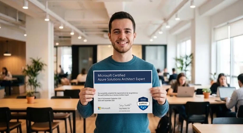 Profissional apresentando certificação técnica em ambiente corporativo